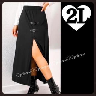 【2L／黒】バックルデザイン＊サイドスリット＊ロングスカート＊大きいサイズ (ロングスカート)