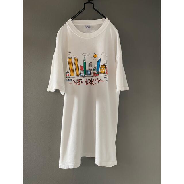 ビンテージ 90s イラスト 街 ビル 太陽 雲 ホワイト Tシャツ