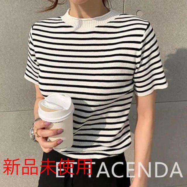 おしゃれ可愛い 韓国風夏ファッション ボーダー 半袖 ニットＴシャツ レディースのトップス(Tシャツ(半袖/袖なし))の商品写真