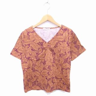 ニジュウサンク(23区)の23区 オンワード樫山 Tシャツ カットソー Vネック 花柄 半袖 46 茶 紫(Tシャツ(半袖/袖なし))