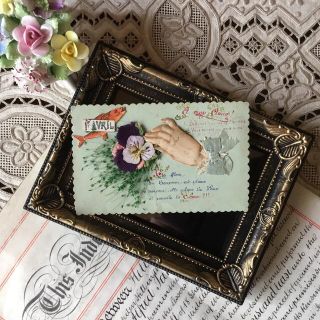 希少アンティーク1910年頃◉エイプリルフールのカード ドライフラワー 布花 手(絵画/タペストリー)