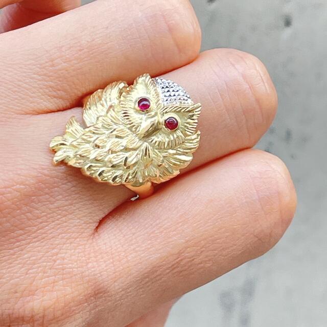 K18 Pt900 ルビー　フクロウモチーフ　リング　owl ring 15号