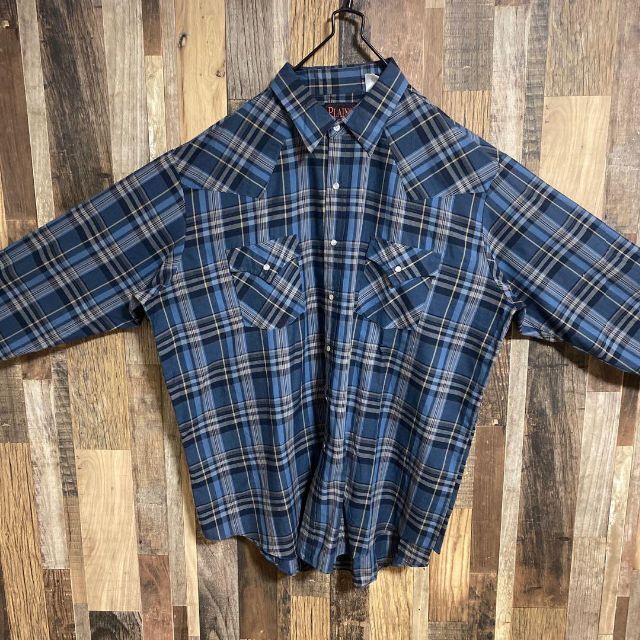 チェック ネイビー ブルー 長袖 シャツ メンズ XL ボタン USA古着 紺