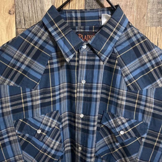 チェック ネイビー ブルー 長袖 シャツ メンズ XL ボタン USA古着 紺