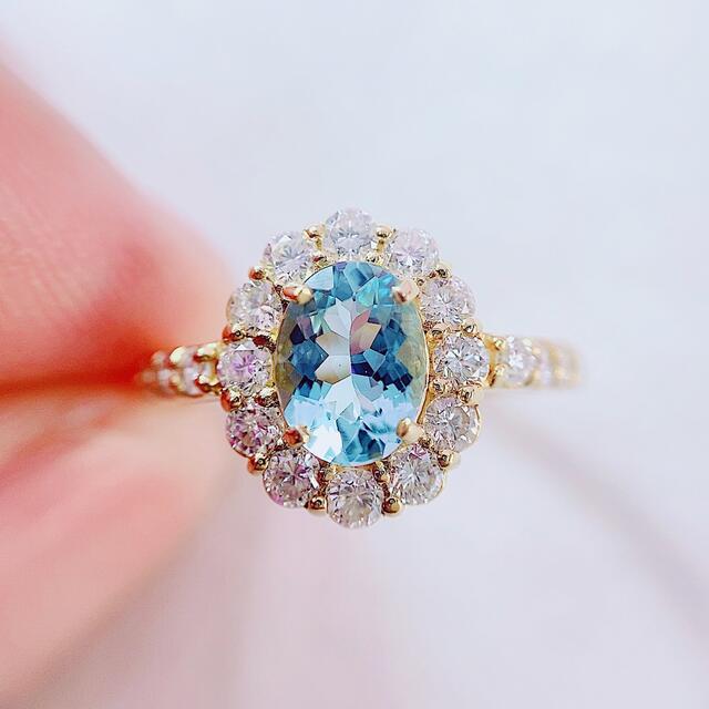 ★0.9ct★アクアマリン✨1.0ctダイヤモンドK18リング指輪 レディースのアクセサリー(リング(指輪))の商品写真