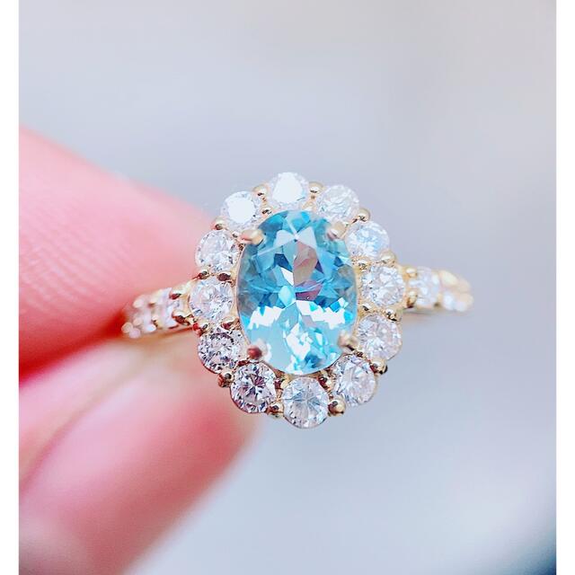 ★0.9ct★アクアマリン✨1.0ctダイヤモンドK18リング指輪 レディースのアクセサリー(リング(指輪))の商品写真