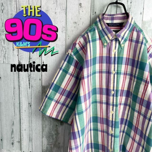 80's nautica ノーティカ　ロゴ刺繍　チェック半袖シャツnautica○商品