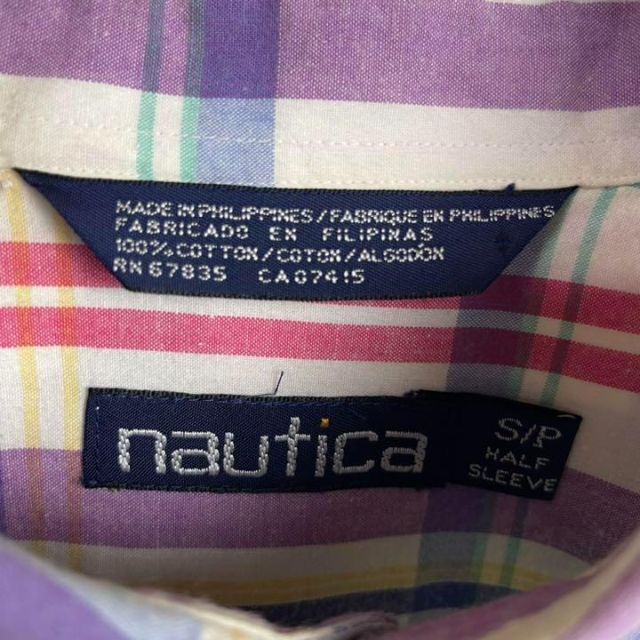 80's nautica ノーティカ　ロゴ刺繍　チェック半袖シャツnautica○商品