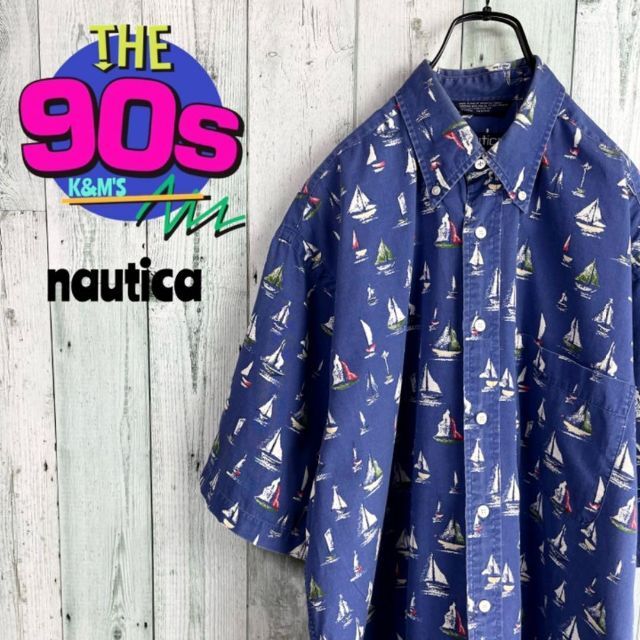 80's nautica ノーティカ　USA製　セーリングヨット　総柄　シャツ