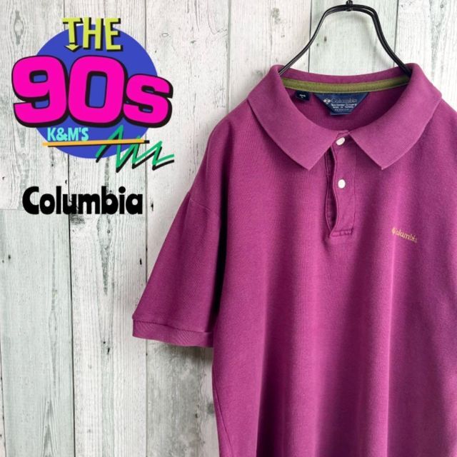 90's Columbiaコロンビア　紺タグ　ロゴ刺繍　鹿の子ポロシャツ
