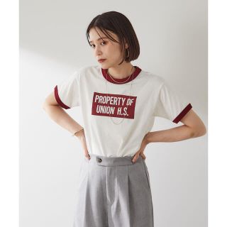 オメカシ(Omekashi)のOmekashi(オメカシ)  プリントリンガーTシャツ　ボルドー　ロゴ(Tシャツ(半袖/袖なし))