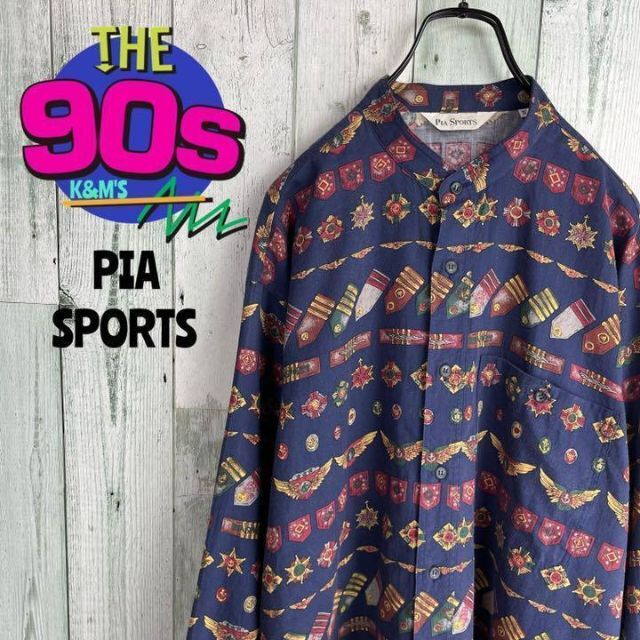 PIA SPORTS(ピアスポーツ)の90's PIA SPORTS ライカ　日本製　エンブレム柄　ノーカラーシャツ メンズのトップス(シャツ)の商品写真