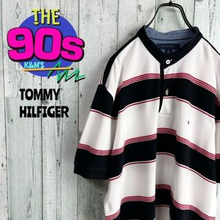 トミーヒルフィガー(TOMMY HILFIGER)の90's トミーヒルフィガー  フラッグロゴ刺繍　太ボーダーノーカラーポロシャツ(ポロシャツ)