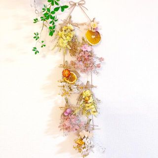 ドライフラワー スワッグ ガーランド はしご風 ミモザ バラ 紫陽花 オレンジ(ドライフラワー)