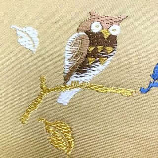 O-1620 袋帯 ふくろう 可愛い梟 雪輪紋 葉っぱ 枯野色 金糸