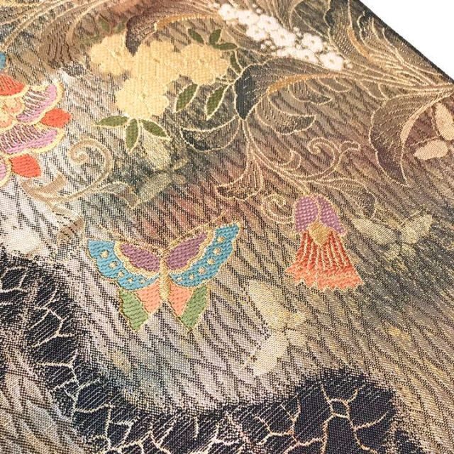 中古着物O-1657 袋帯 花唐草 花に舞う蝶々 金糸