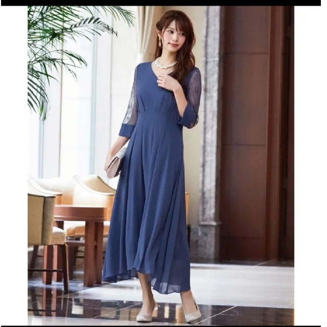 美品 niana レース袖セミロングワンピースドレス Mサイズ アビス ブルー