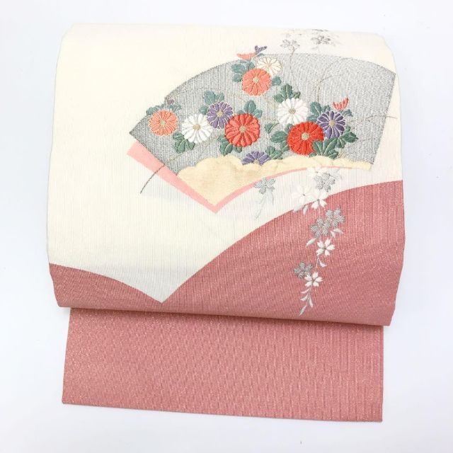 O-1689 名古屋帯 地紙紋の中に菊の花 枝垂れ桜 ラメ 内側加工