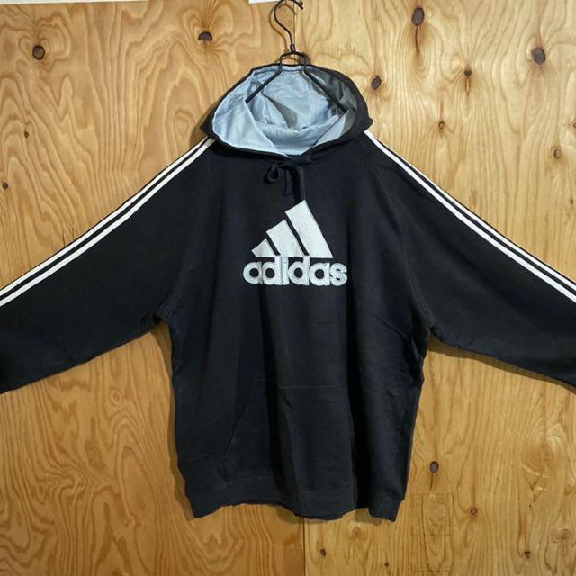 adidas(アディダス)のアディダス デカロゴ ライン パーカー フーディ ブラック USA古着 90s メンズのトップス(パーカー)の商品写真