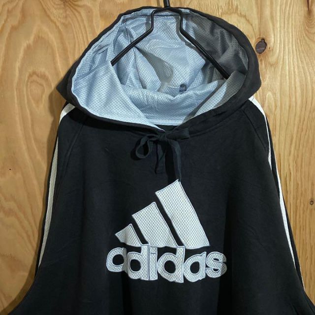 adidas(アディダス)のアディダス デカロゴ ライン パーカー フーディ ブラック USA古着 90s メンズのトップス(パーカー)の商品写真