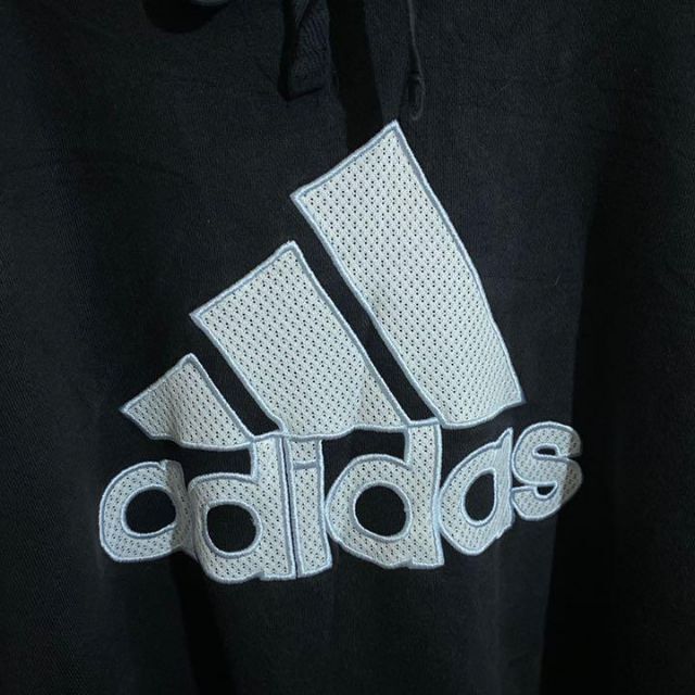 adidas(アディダス)のアディダス デカロゴ ライン パーカー フーディ ブラック USA古着 90s メンズのトップス(パーカー)の商品写真