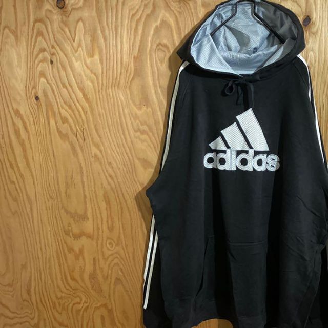 adidas(アディダス)のアディダス デカロゴ ライン パーカー フーディ ブラック USA古着 90s メンズのトップス(パーカー)の商品写真