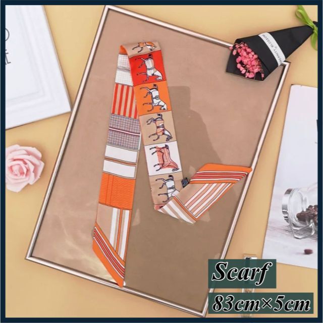 スカーフ バッグスカーフ オレンジ リボン タイ ホース柄 ストール アクセ 橙 レディースのファッション小物(バンダナ/スカーフ)の商品写真