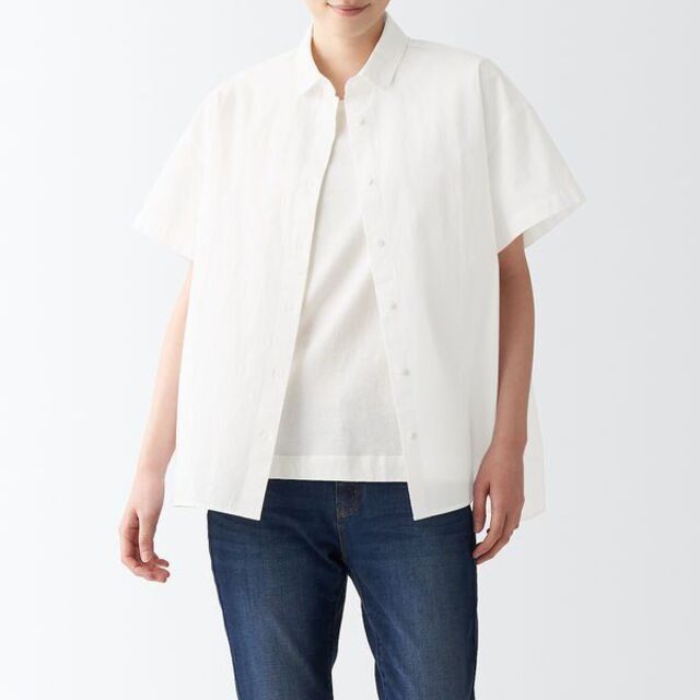 MUJI (無印良品)(ムジルシリョウヒン)の無印良品 強撚さらっとポプリン半袖シャツ XS〜S 白 無印 レディースのトップス(シャツ/ブラウス(半袖/袖なし))の商品写真