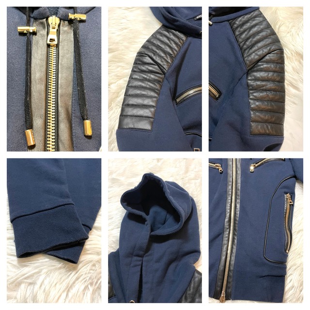 本物 バルマンオム ショルダー レザー切替 ZIP UP バイカー パーカー