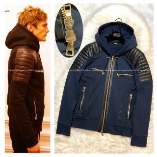 バルマン(BALMAIN)の本物 バルマンオム ショルダー レザー切替 ZIP UP バイカー パーカー  (パーカー)