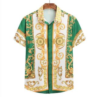 オラオラ系　スカーフ柄　半袖シャツ　緑3XLサイズ(シャツ)