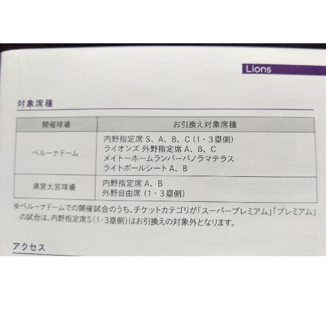 埼玉西武ライオンズ(サイタマセイブライオンズ)の西武株主優待券･埼玉西武ライオンズ内野指定席引換券２枚(ベルーナドーム) チケットの優待券/割引券(その他)の商品写真