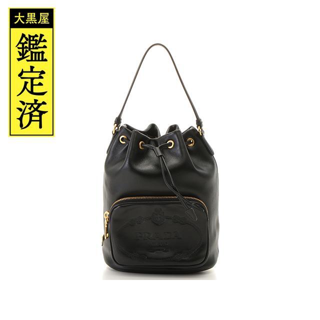 PRADA プラダ デュエット 巾着型 ハンドバッグ レザー ブラック【473 ...