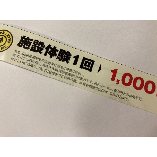 ゴールドジム　施設体験券 1回体験 1000円 GOLD'S GYM チケットの施設利用券(フィットネスクラブ)の商品写真