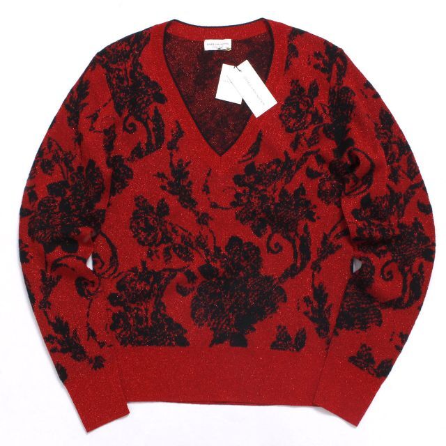 DRIES VAN NOTEN(ドリスヴァンノッテン)の新品 DRIES VAN NOTEN 花柄Vネック ラメニット レッド レディースのトップス(ニット/セーター)の商品写真