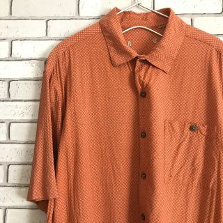 古着 半袖シャツ 胸ポケット 総柄シャツ スリット入 オレンジ メンズ S(シャツ)