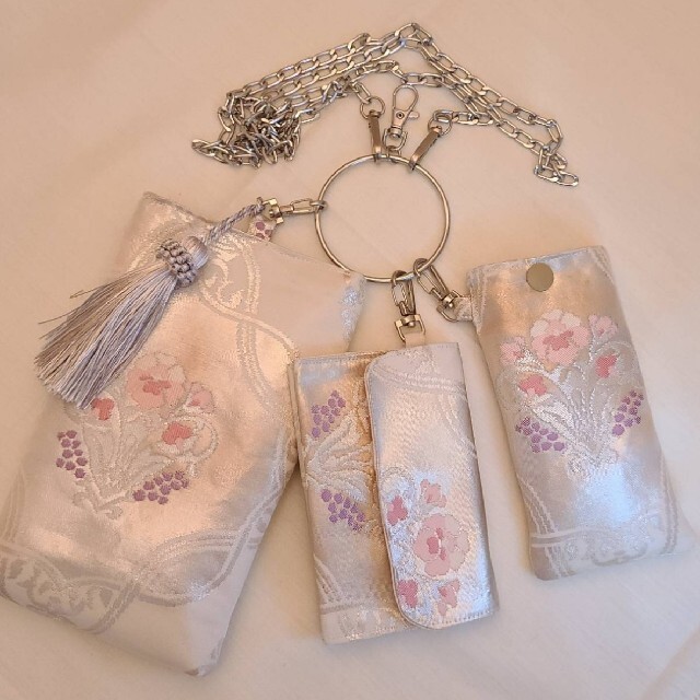 ピンク花柄シルク着物帯のスマホリングショルダーバッグ、スマホポーチミニ財布エコバ