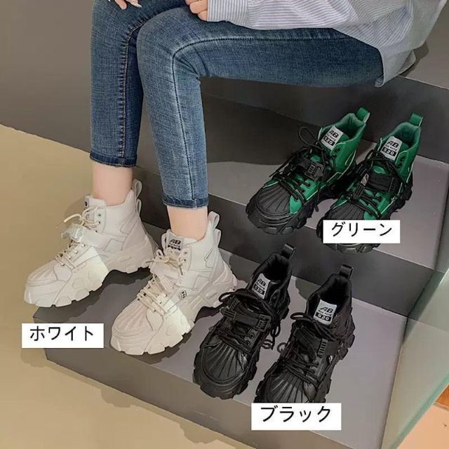 韓国♡ハイカット でかっこよく♩ ベルクロ スニーカー シューズ 厚底 脚長見え レディースの靴/シューズ(スニーカー)の商品写真