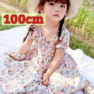 【SALE!!】花柄キッズワンピース バックリボン ピンク 100cm(ワンピース)