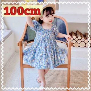 【SALE!!】花柄キッズワンピース バックリボン ブルー 100cm(ワンピース)