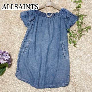 オールセインツ(All Saints)のオールセインツ♡ミニワンピース デニム ギャザー オフショルダー Sサイズ(ミニワンピース)