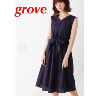 グローブ(grove)のgrove ストレッチコットンリボンベルト付ワンピース　ネイビー(ひざ丈ワンピース)