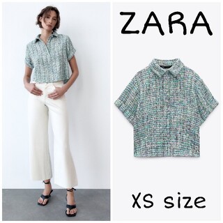 ザラ(ZARA)のZARA　パールビーズボタン テクスチャー トップス　XSサイズ(シャツ/ブラウス(半袖/袖なし))