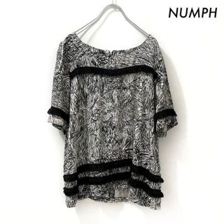 ユナイテッドアローズ(UNITED ARROWS)のNUMPH ニンフ★総柄 フリンジ付き 半袖ブラウス プルオーバー モノクロ(シャツ/ブラウス(半袖/袖なし))