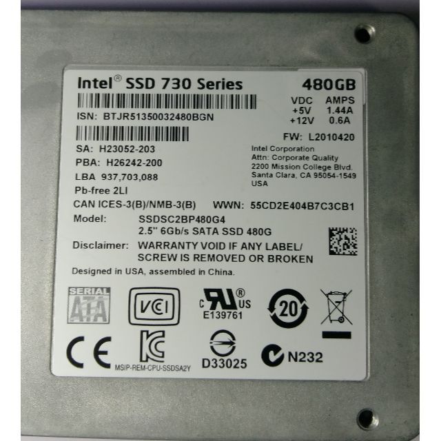 Intel 内蔵SSD 480GB 2.5インチ 7日間保証 1