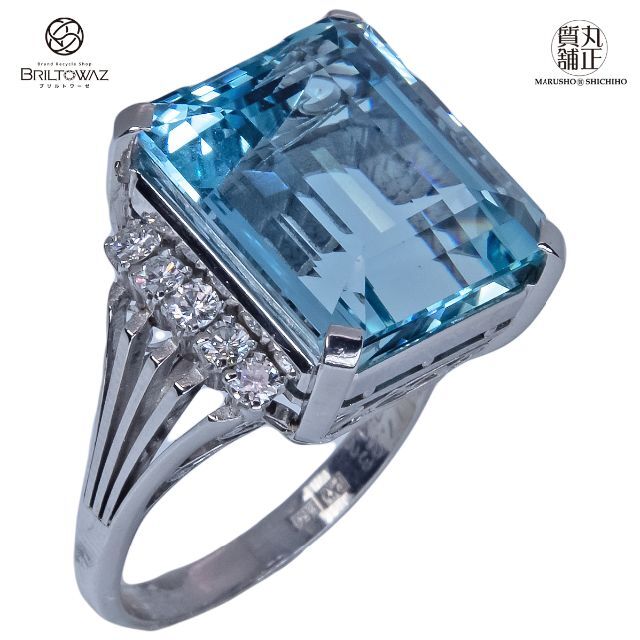 高級品市場 Pt900 指輪 アクワマリン17.23ct ダイヤモンド0.42ct 17号