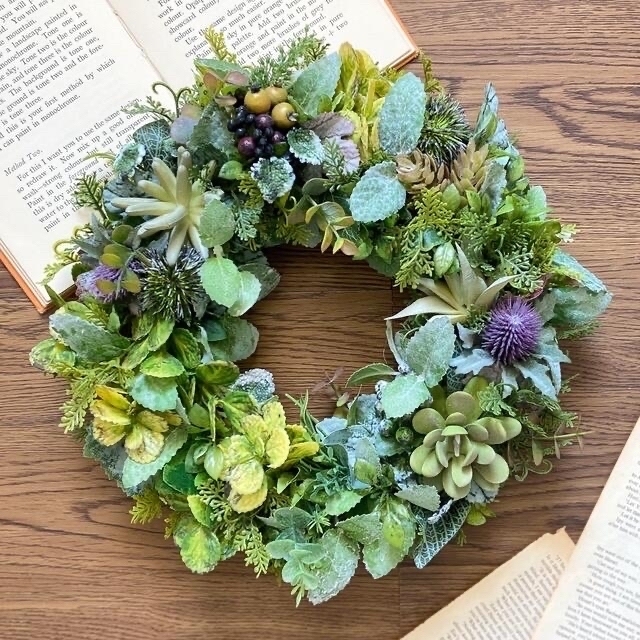 セールスストア 専用⭐︎ボタニカルリース⭐︎多肉植物×ニュアンスグリーンリーフ(31cm) 安い本店:142480円 リース 31センチ♡welcome♡Springリース。アーティフィシャルフラワー