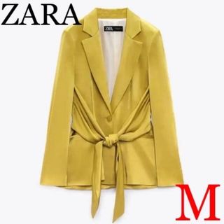 ザラ(ZARA)のZARA ノットディテール　サテンブレザー　ゴールド　イエロー　M(テーラードジャケット)