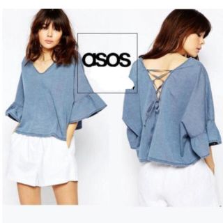 エイソス(asos)の☆美品☆asos☆バックレースアップデニムフリルトップス☆(シャツ/ブラウス(長袖/七分))