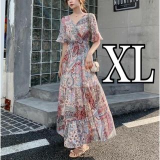 2点セット　フレアワンピース　XL+リボンタイシフォンブラウス　マスタード　XL(ロングワンピース/マキシワンピース)